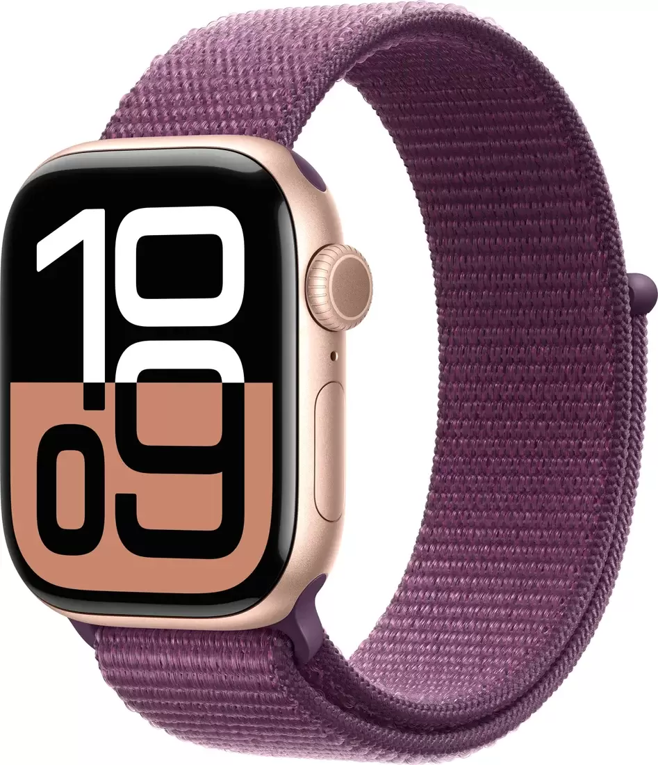 Умные часы Apple Watch Series 10 42 мм (алюминиевый корпус, розовое золото/сливовый, нейлоновый ремешок) - фото1